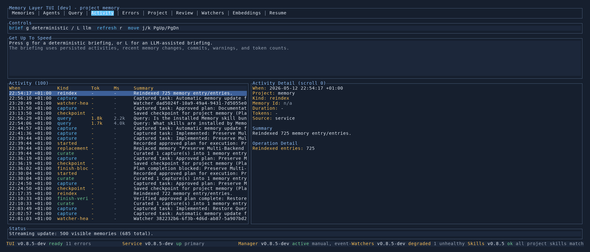 Memory Layer activity tab